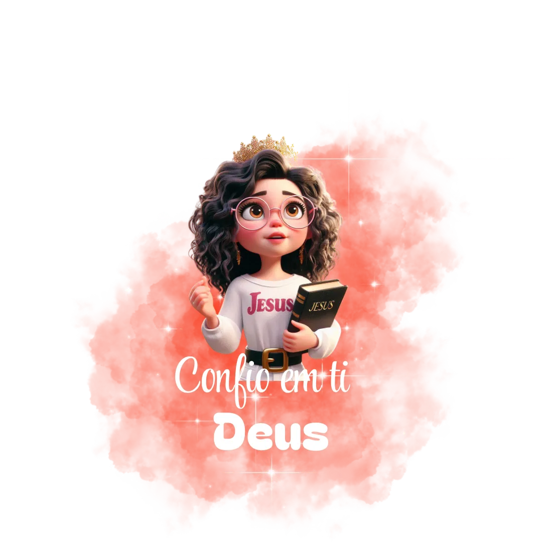 Personagem feminina com mensagem Confio em ti, Deus