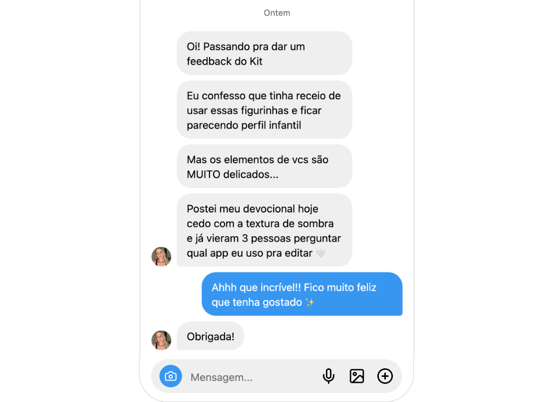 Depoimento de cliente via Direct do Instagram elogiando o Acervo